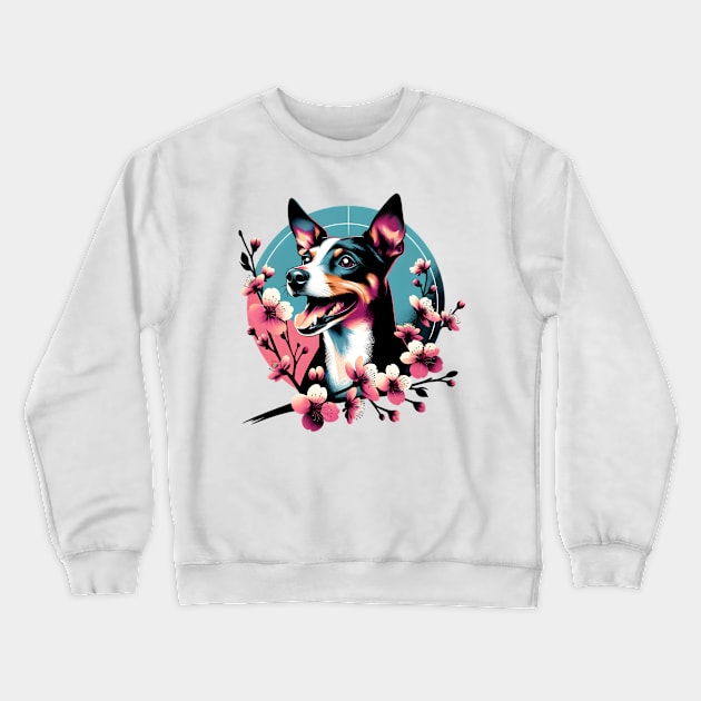 Rat Terrier's Joyful Spring Amid Cherry Blossoms Crewneck Sweatshirt by ArtRUs